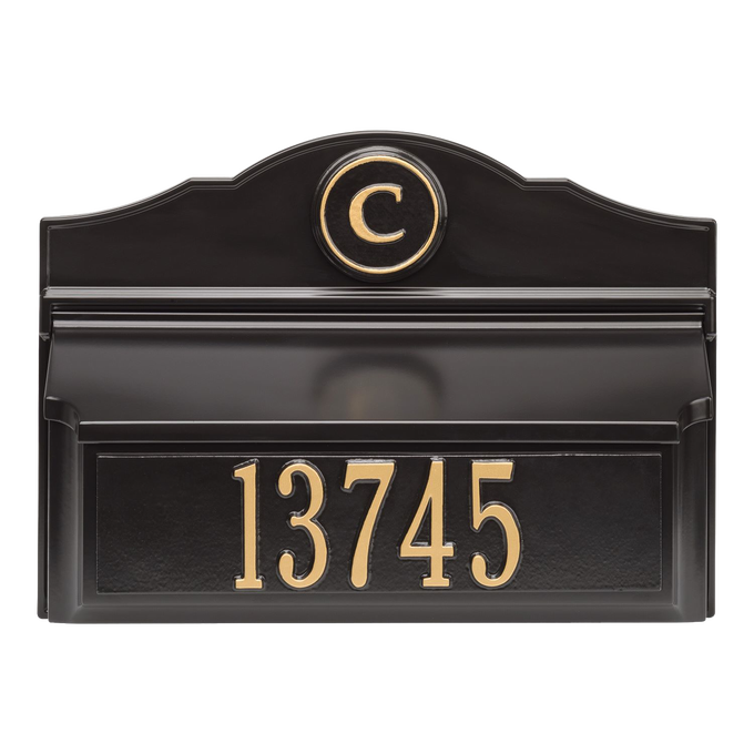Wall-mounted black and gold custom mailbox featuring a personalized monogram and house number, handcrafted in the USA, perfect for Home & Decor and Mailboxes collections.