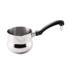 Polished stainless steel butter warmer with a black handle and pouring spout, ideal for kitchens and cookware collections including pots and pans.