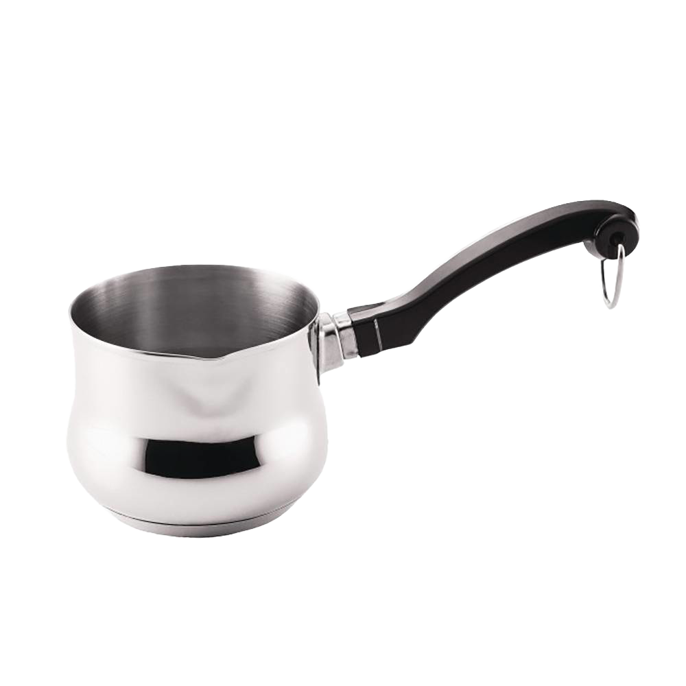 Polished stainless steel butter warmer with a black handle and pouring spout, ideal for kitchens and cookware collections including pots and pans.