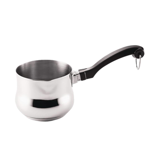 Polished stainless steel butter warmer with a black handle and pouring spout, ideal for kitchens and cookware collections including pots and pans.