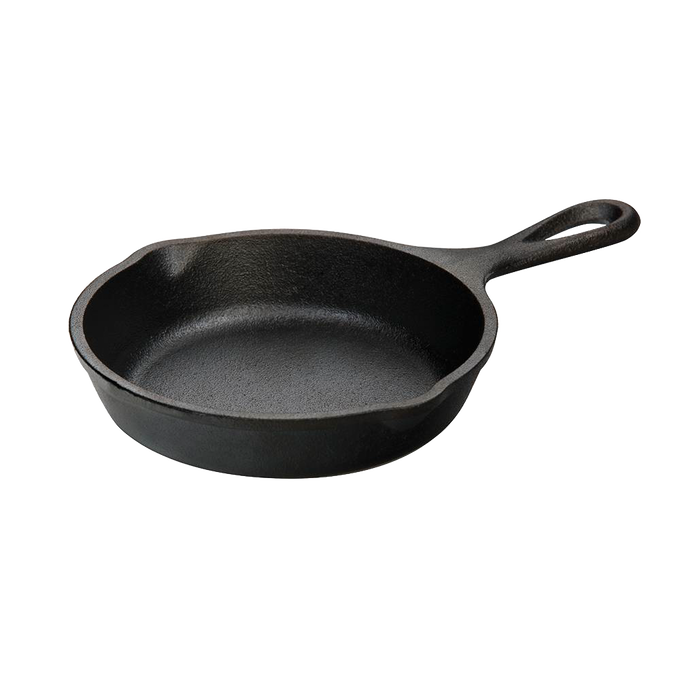 Small handcrafted cast iron skillet with ergonomic handle, pre-seasoned for cooking versatility, part of Kitchen & Food, Cast Iron, USA Made, and Best Sellers collections.