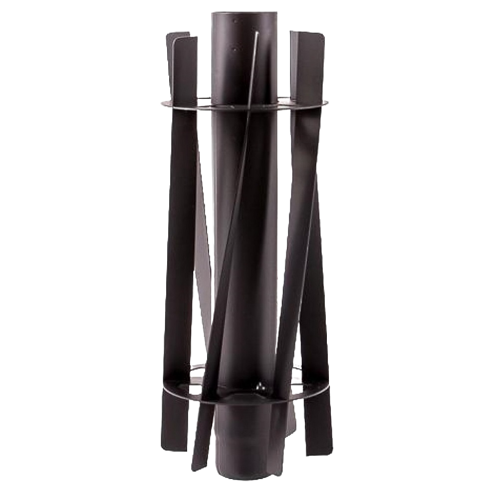 Black metal tipi sleeve designed as a pluggable segment with attached longitudinal wings and cross frames to distribute heat evenly, for camping and outdoor use.