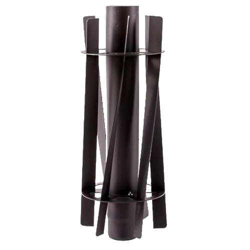 Black metal tipi sleeve designed as a pluggable segment with attached longitudinal wings and cross frames to distribute heat evenly, for camping and outdoor use.