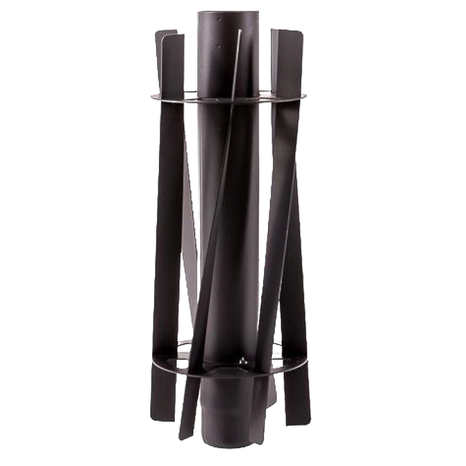 Black metal tipi sleeve designed as a pluggable segment with attached longitudinal wings and cross frames to distribute heat evenly, for camping and outdoor use.