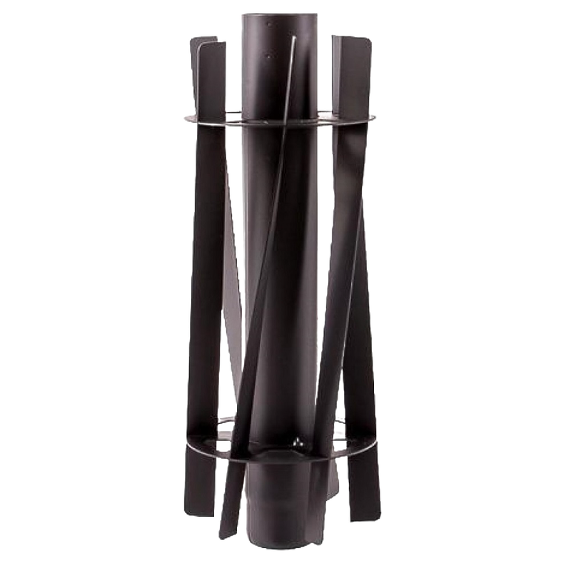 Black metal tipi sleeve designed as a pluggable segment with attached longitudinal wings and cross frames to distribute heat evenly, for camping and outdoor use.