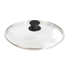 Round tempered glass lid with black knob handle and stainless steel rim, designed for cookware in Kitchen & Food, Cast Iron, and Pots and Pans collections.