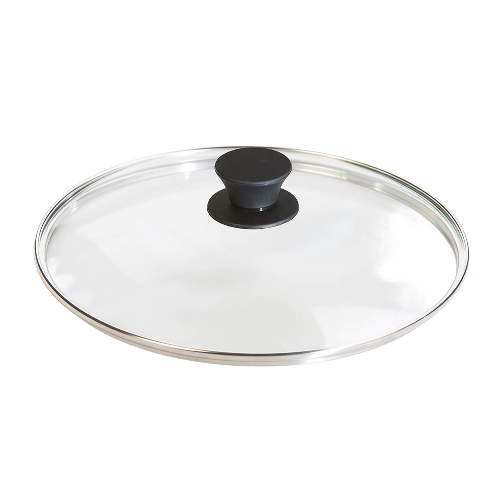 Round tempered glass lid with black knob handle and stainless steel rim, designed for cookware in Kitchen & Food, Cast Iron, and Pots and Pans collections.