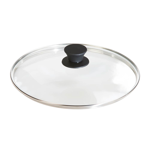 Round tempered glass lid with black knob handle and stainless steel rim, designed for cookware in Kitchen & Food, Cast Iron, and Pots and Pans collections.