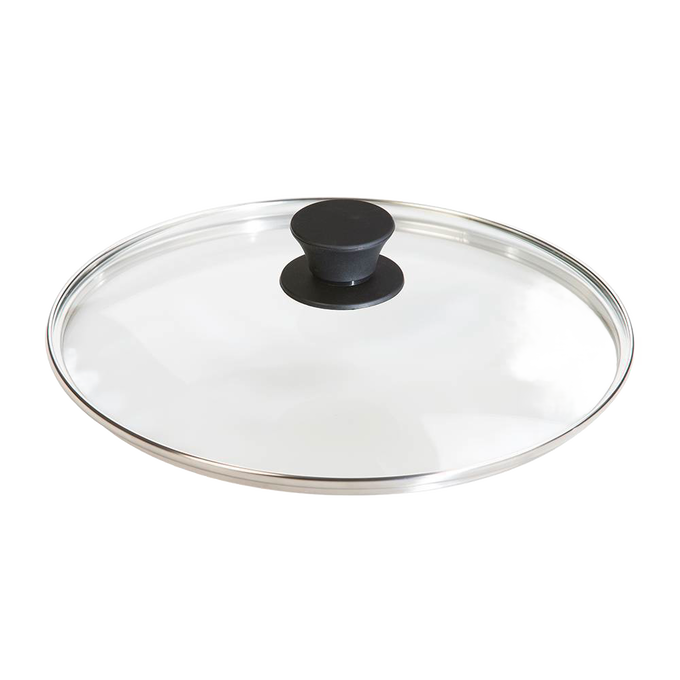 Round tempered glass lid with black knob handle and stainless steel rim, designed for cookware in Kitchen & Food, Cast Iron, and Pots and Pans collections.