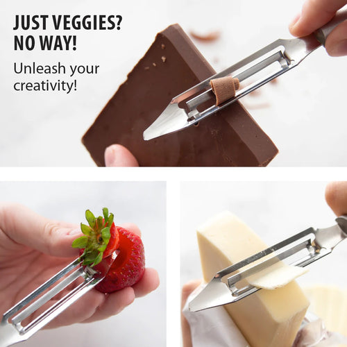 Handcrafted vegetable peeler with razor-sharp stainless steel blade and solid aluminum handle, peeling chocolate, strawberry, and cheese, ideal for Kitchen & Food, Specialty Equipment, Peelers and Pitters, USA Made, Best Sellers, Promo Eligible collections