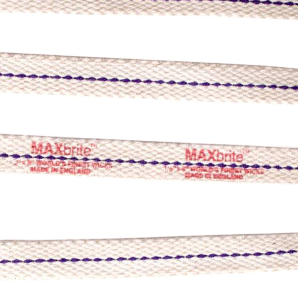 Close-up of high-quality woven cotton flat wicks with purple stitching and red branding, designed for efficient fuel delivery in oil lamps, suitable for Farm, Garden & Tool and Emergency Supplies collections.