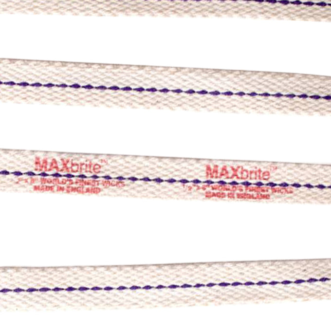 Close-up of high-quality woven cotton flat wicks with purple stitching and red branding, designed for efficient fuel delivery in oil lamps, suitable for Farm, Garden & Tool and Emergency Supplies collections.