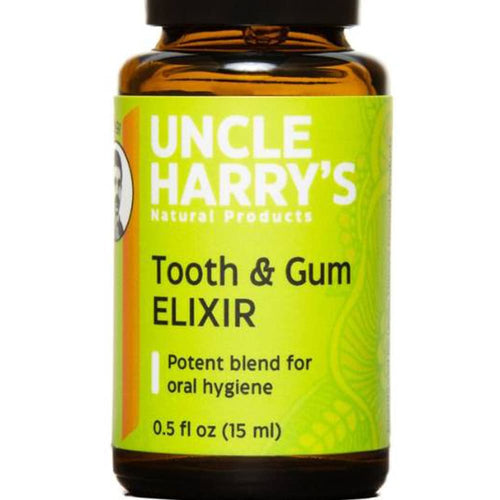 Amber glass bottle of Uncle Harry's Tooth and Gum Elixir with bright green label, featuring a potent essential oil blend for natural oral hygiene, made in USA, ideal for Health & Wellness and Grooming collections.