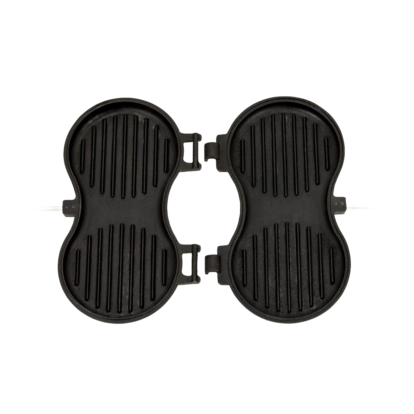 Cast iron burger iron with two round ridged molds for searing patties, designed for camping and outdoor cooking in cookware and farm tool collections.