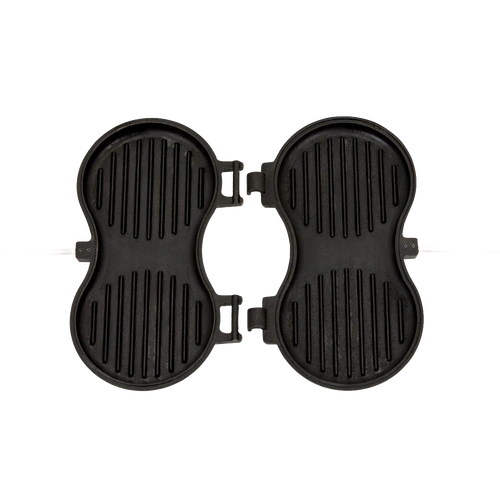 Cast iron burger iron with two round ridged molds for searing patties, designed for camping and outdoor cooking in cookware and farm tool collections.