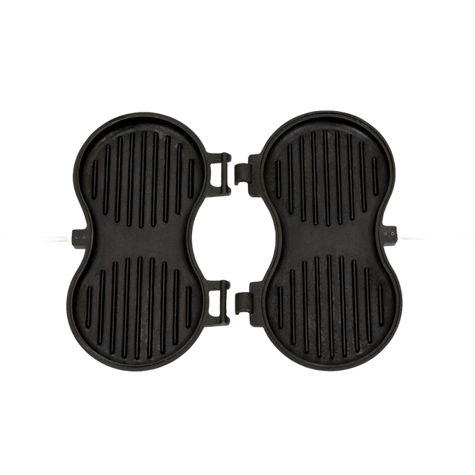Cast iron burger iron with two round ridged molds for searing patties, designed for camping and outdoor cooking in cookware and farm tool collections.