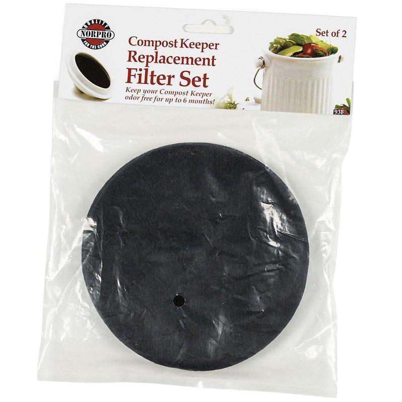 Pack of two round black replacement filters designed for ceramic compost keepers to help control odors, featured in Farm, Garden & Tool, Composting, and Garden Accessories collections.