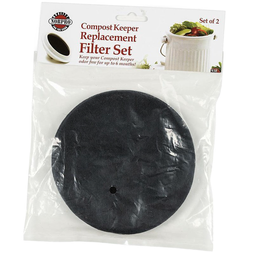 Pack of two round black replacement filters designed for ceramic compost keepers to help control odors, featured in Farm, Garden & Tool, Composting, and Garden Accessories collections.