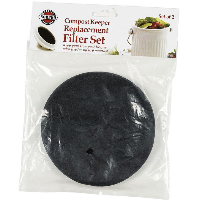 Pack of two round black replacement filters designed for ceramic compost keepers to help control odors, featured in Farm, Garden & Tool, Composting, and Garden Accessories collections.