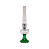 Vintage-style oil lamp featuring a clear glass chimney over a handcrafted emerald green glass base with an elegant sweeping font design, perfect for Lamps & Lighting, Oil Lamps, and Best Sellers collections.