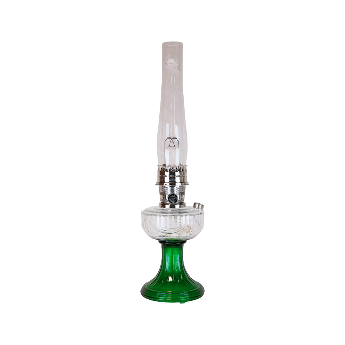 Vintage-style oil lamp featuring a clear glass chimney over a handcrafted emerald green glass base with an elegant sweeping font design, perfect for Lamps & Lighting, Oil Lamps, and Best Sellers collections.