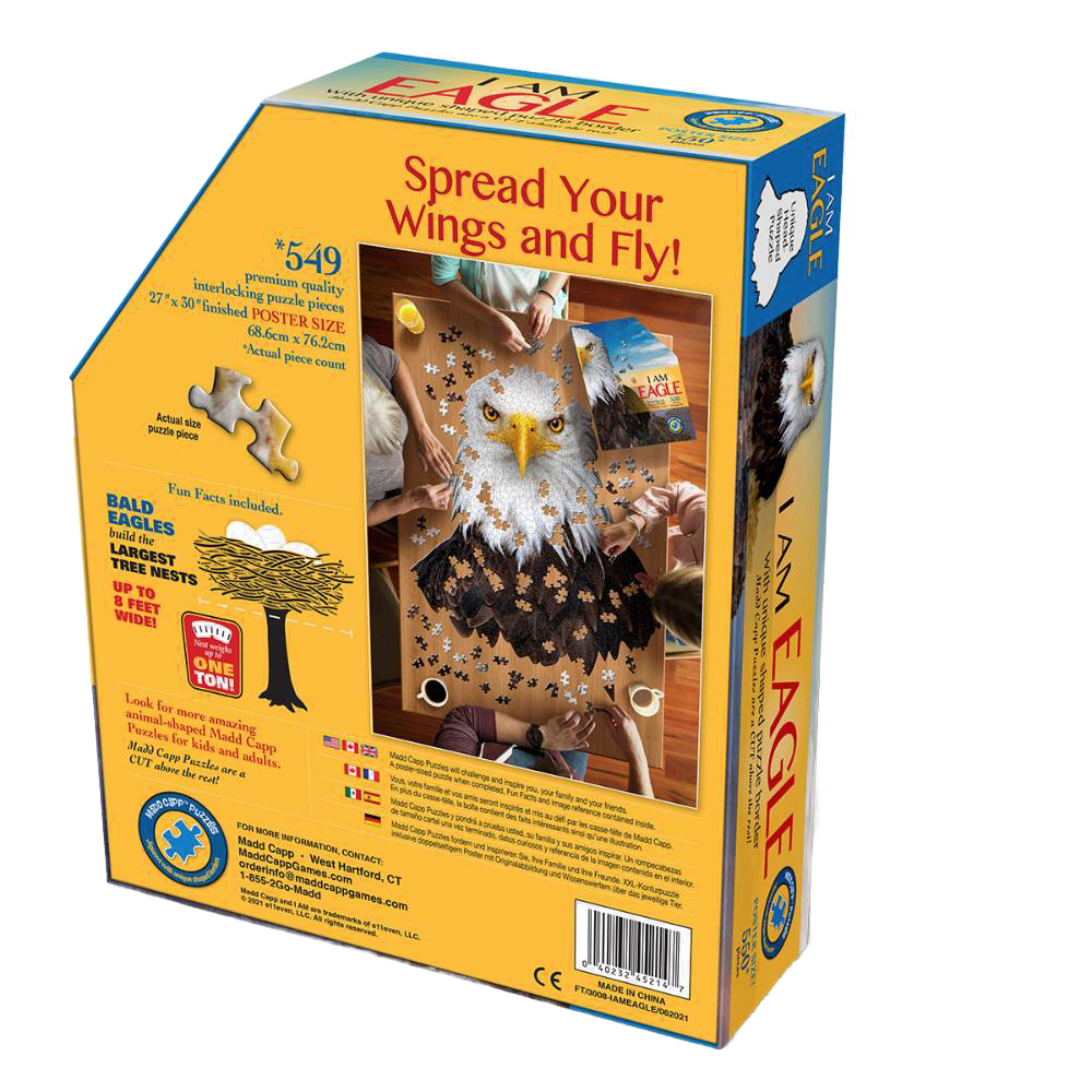 Box showing completed eagle-shaped 550-piece puzzle being assembled by children, featuring unique border and educational fun facts, ideal for Toys, Children's Toys, Games and Puzzles, and Best Sellers collections.