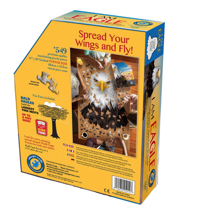 Box showing completed eagle-shaped 550-piece puzzle being assembled by children, featuring unique border and educational fun facts, ideal for Toys, Children's Toys, Games and Puzzles, and Best Sellers collections.