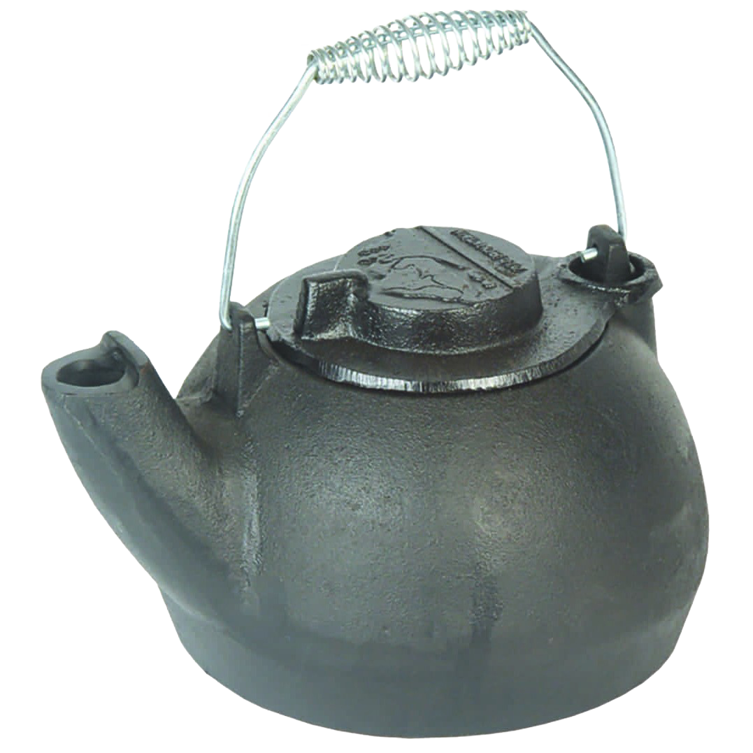 Classic cast iron teakettle with coil handle that stays cool, holding 2 quarts of water, designed for Kitchen & Food, Brewing Coffee and Tea, Cookware, and Cast Iron collections.
