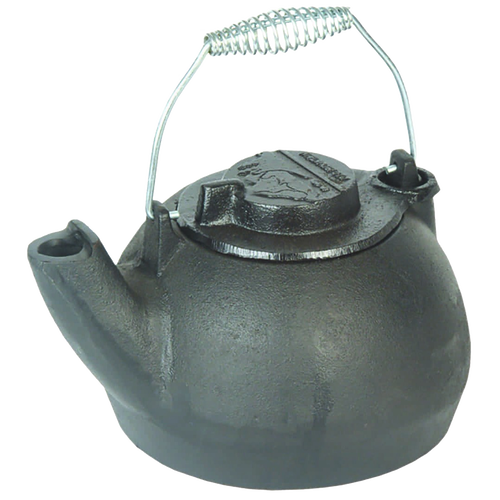 Classic cast iron teakettle with coil handle that stays cool, holding 2 quarts of water, designed for Kitchen & Food, Brewing Coffee and Tea, Cookware, and Cast Iron collections.