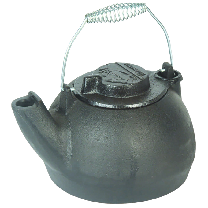 Classic cast iron teakettle with coil handle that stays cool, holding 2 quarts of water, designed for Kitchen & Food, Brewing Coffee and Tea, Cookware, and Cast Iron collections.