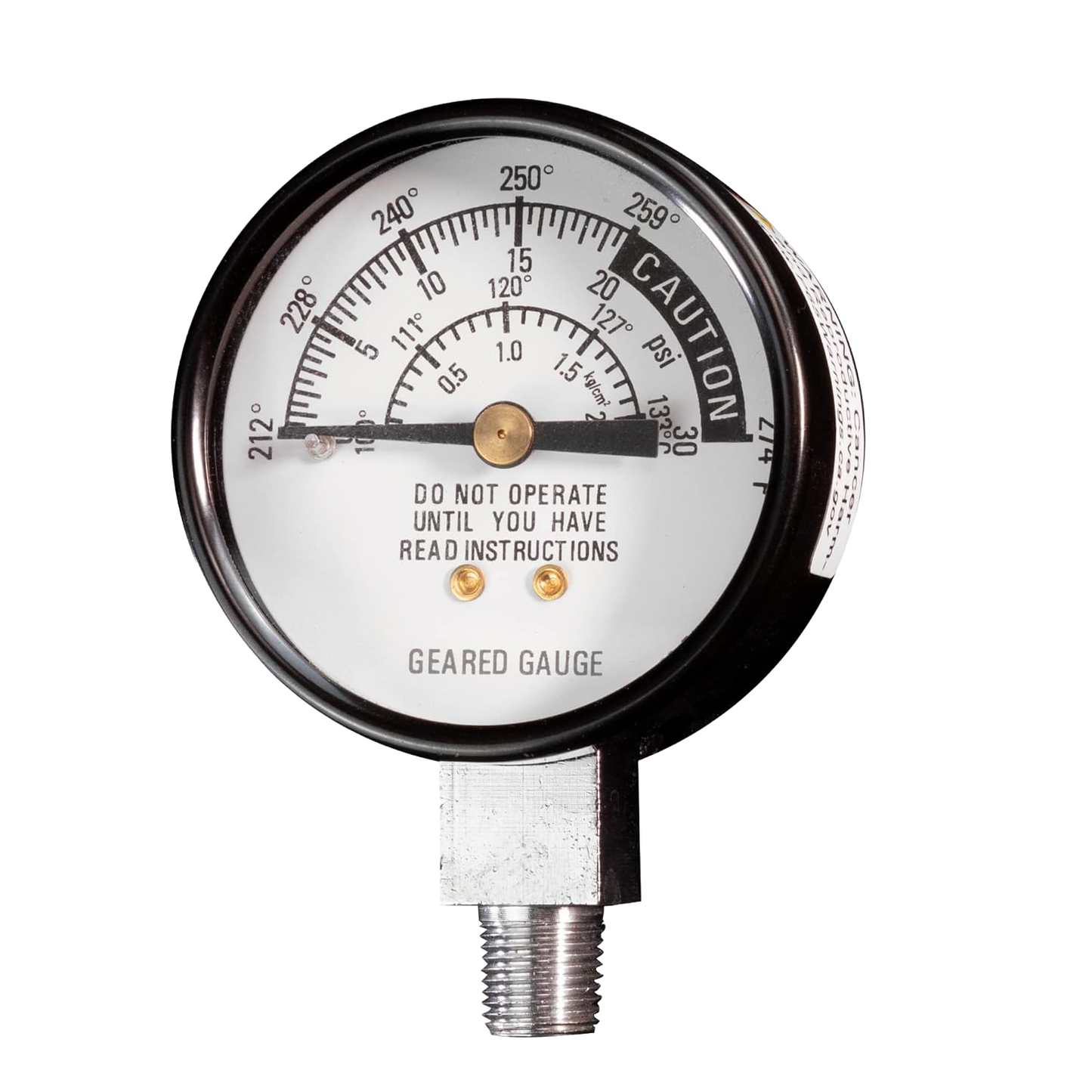 Pressure gauge with geared mechanism measuring PSI and temperature for precise monitoring, designed as a reliable replacement part in Kitchen & Food, Food Preservation, and Pressure Canners collections.