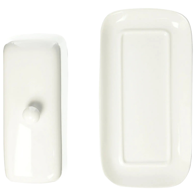 Two-piece white porcelain butter dish with a knobbed lid, oven, microwave, and dishwasher safe, perfect for Kitchen & Food, Specialty Equipment, Making Butter, and Storage and Serving collections.