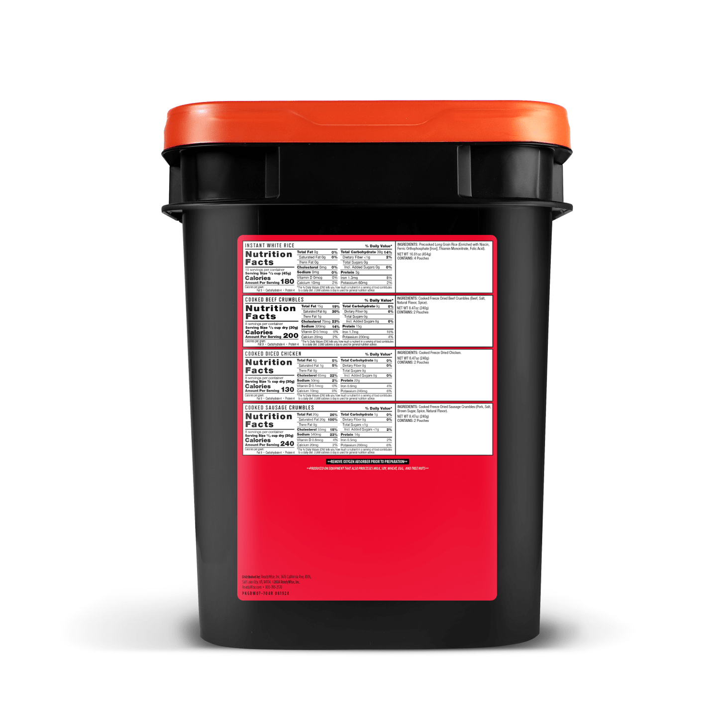 Black and red bucket container with detailed nutrition facts label for freeze-dried meat and rice survival food, part of emergency supplies, freeze dried, USA Made, and best sellers collections.