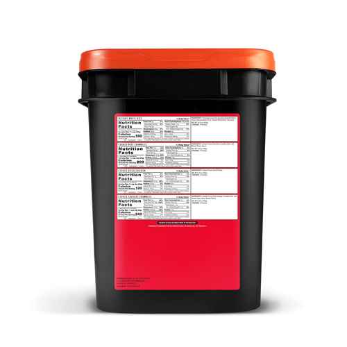 Black and red bucket container with detailed nutrition facts label for freeze-dried meat and rice survival food, part of emergency supplies, freeze dried, USA Made, and best sellers collections.