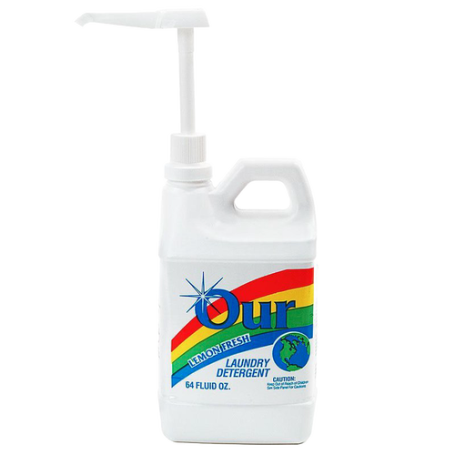 White 64-ounce jug of lemon fresh liquid laundry detergent with pump dispenser, featuring eco-friendly formula made in USA, ideal for Home & Decor, Laundry Supplies, and Best Sellers collections.