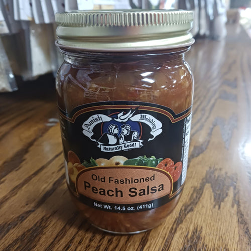 Handcrafted glass jar of Amish Wedding Old Fashioned Peach Salsa with thick, chunky texture, made in USA, ideal for Kitchen & Food, Snacks and Sweets, Pantry, and Best Sellers collections.