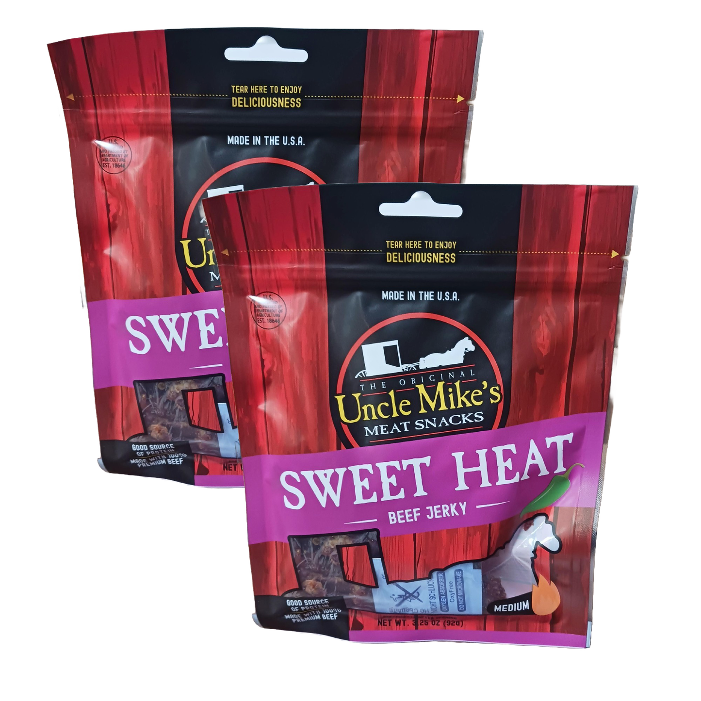 Two packets of handcrafted USA-made beef jerky snacks with sweet and spicy flavor, featured in Kitchen & Food, Snacks and Sweets, Meats, and Best Sellers collections.