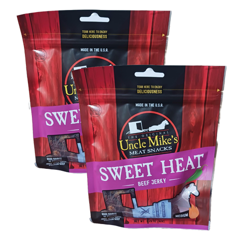 Two packets of handcrafted USA-made beef jerky snacks with sweet and spicy flavor, featured in Kitchen & Food, Snacks and Sweets, Meats, and Best Sellers collections.