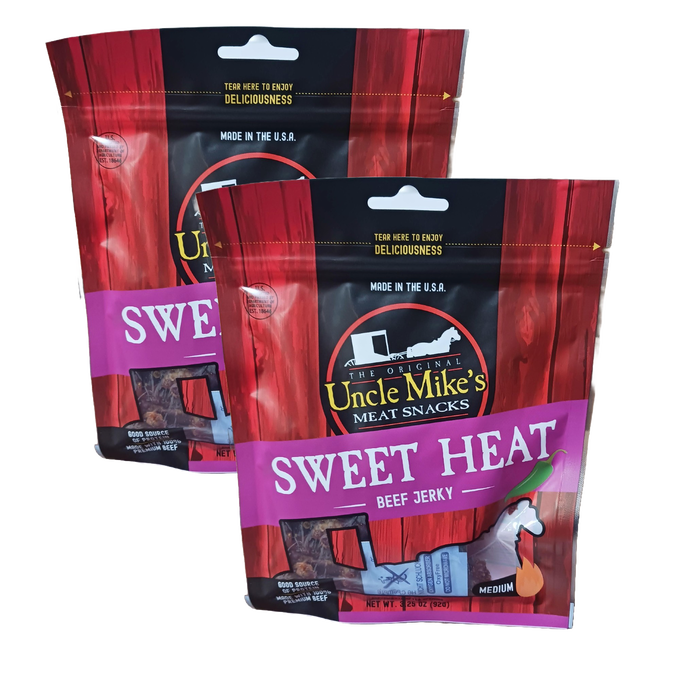 Two packets of handcrafted USA-made beef jerky snacks with sweet and spicy flavor, featured in Kitchen & Food, Snacks and Sweets, Meats, and Best Sellers collections.