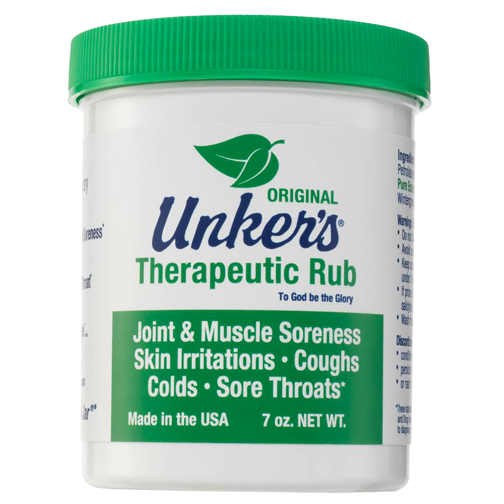 Container of handcrafted therapeutic rub for joint and muscle soreness, skin irritations, coughs, and sore throats, made in USA, featured in Health & Wellness, Health Remedies, and Best Sellers collections.