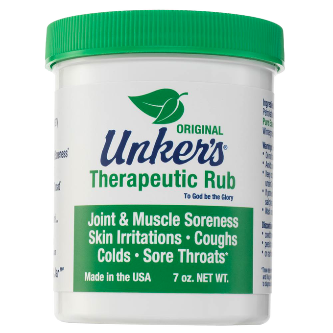 Container of handcrafted therapeutic rub for joint and muscle soreness, skin irritations, coughs, and sore throats, made in USA, featured in Health & Wellness, Health Remedies, and Best Sellers collections.