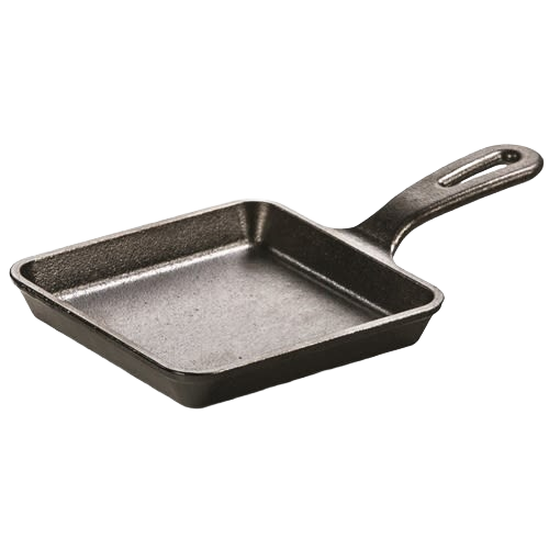 5-inch square cast iron skillet with integrated handle, handcrafted and made in USA, ideal for small meals and versatile cooking in Camping, Kitchen & Food, and Cast Iron collections.