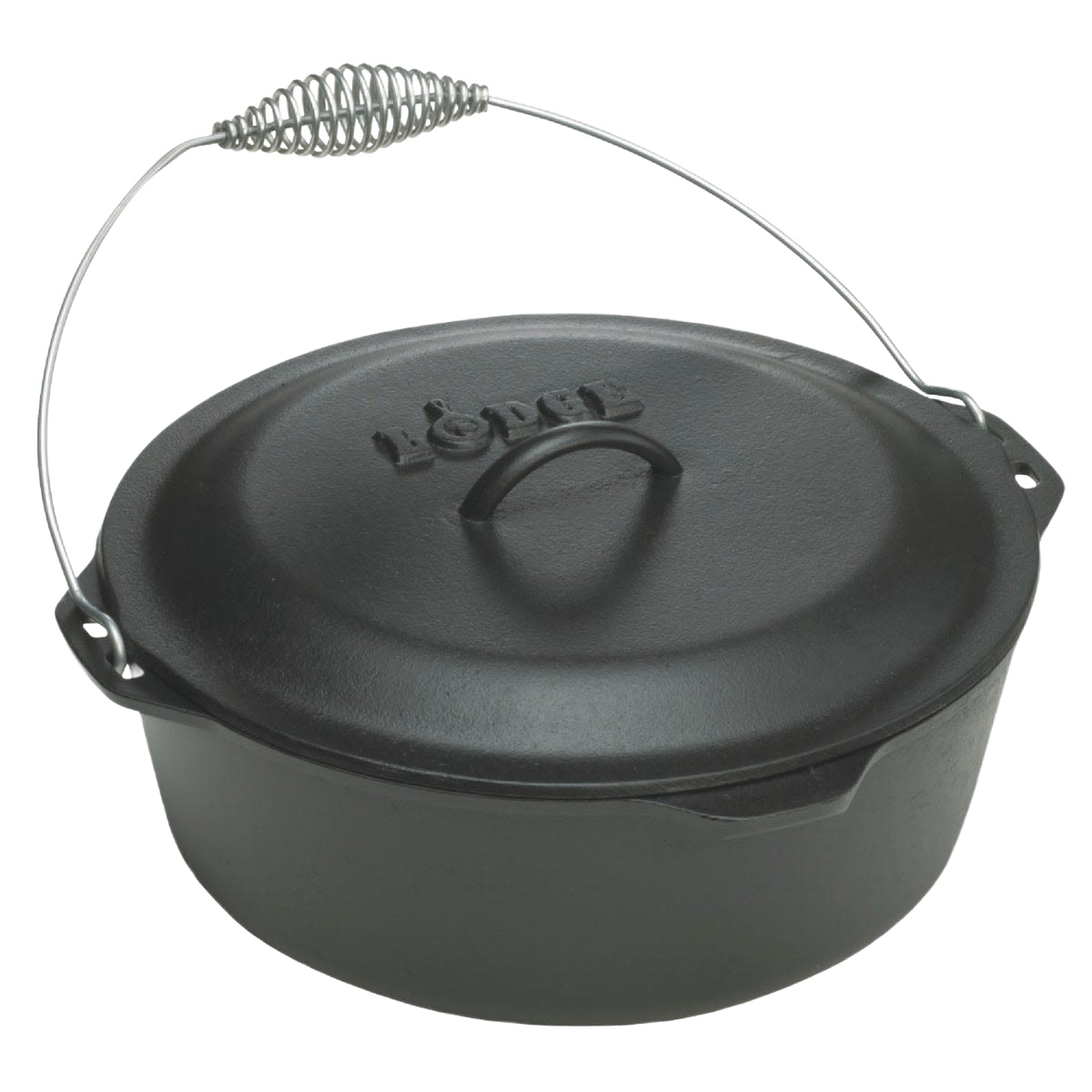 Black cast iron Dutch oven with a spiral bail handle and lid featuring self-basting nubs, pre-seasoned and made in the USA, ideal for Kitchen & Food, Cookware, Cast Iron, Best Sellers, and Promo Eligible collections.