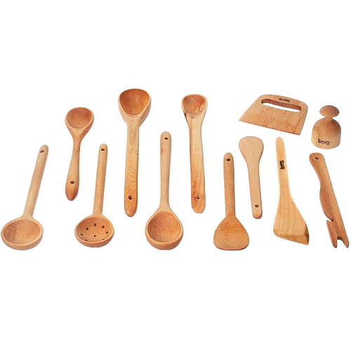 Collection of unique handcrafted wooden cooking utensils made from solid American Hard Maple including ladles, spoons, scraper, tamper, and dough cutter, ideal for Kitchen & Food, Holiday Hosting, Storage and Serving, USA Made, and Best Sellers collections.