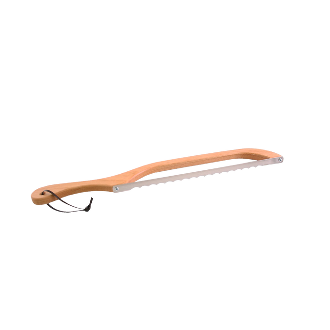 Long-handled bread and bagel slicer knife with a slender serrated blade and smooth wooden handle, handcrafted and made in USA, ideal for Kitchen & Food and Bread Making Supplies collections.