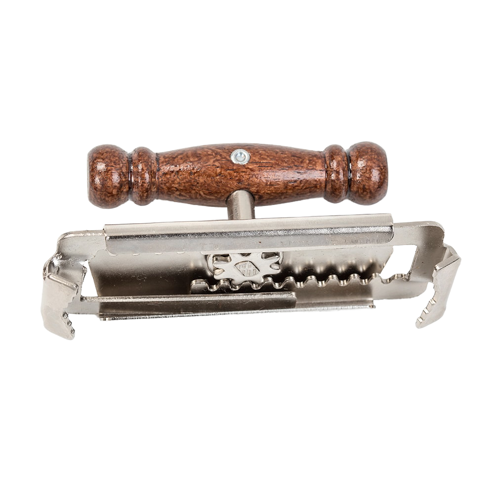 Durable chromed steel jar opener with wooden handle and strong clamping jaws designed to ease opening tight lids, ideal for kitchen gadgets and cooking helpers collections.