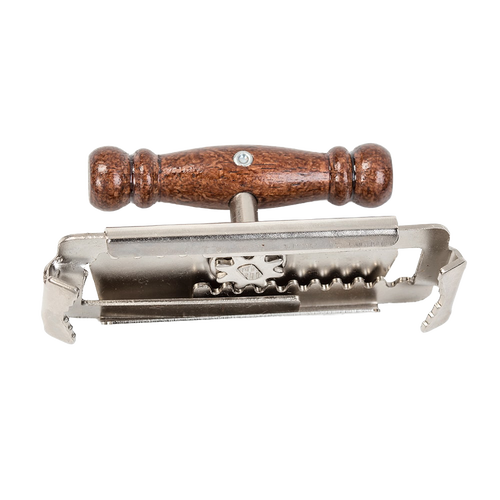 Durable chromed steel jar opener with wooden handle and strong clamping jaws designed to ease opening tight lids, ideal for kitchen gadgets and cooking helpers collections.