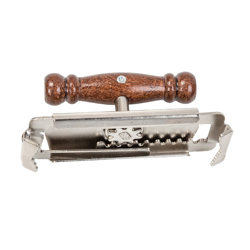 Durable chromed steel jar opener with wooden handle and strong clamping jaws designed to ease opening tight lids, ideal for kitchen gadgets and cooking helpers collections.