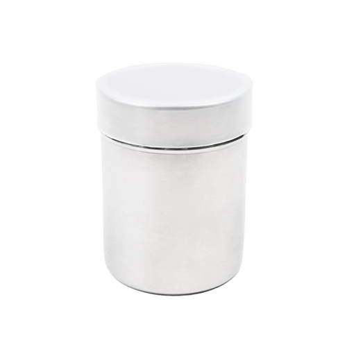 Compact stainless steel shaker with a fine mesh top and twist-lock plastic lid, ideal for delicately sprinkling powders; perfect for Kitchen Gadgets, Cooking Helpers, and Dinnerware collections.