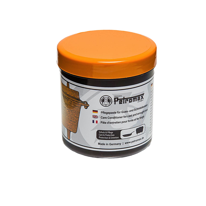 Container of petromax care conditioner with orange lid, crafted to maintain and protect cast and wrought iron cookware, ideal for Kitchen & Food, Cookware, Cast Iron, and Best Sellers collections.